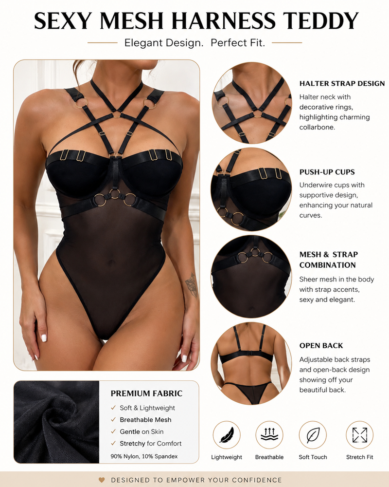 Sexy Mesh Halter Backless Strappy Push-Up Teddy Bodysuit