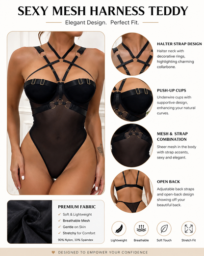 Sexy Mesh Halter Backless Strappy Push-Up Teddy Bodysuit