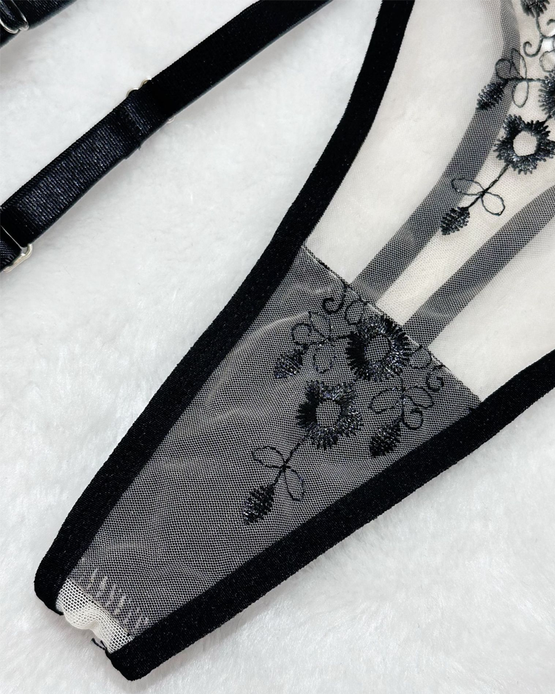 Sexy Floral Embroidery Sheer Mesh Lingerie Set