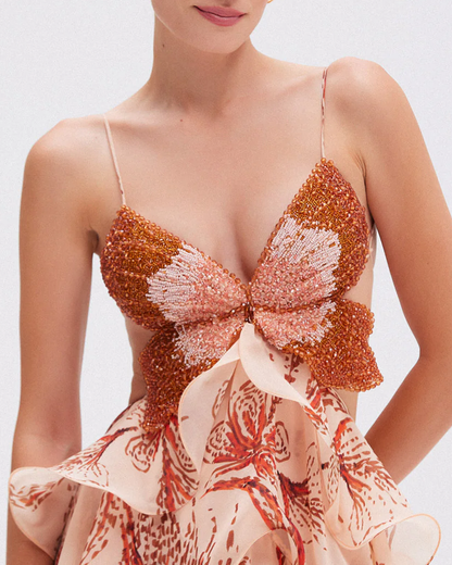 Bohemian Print Ruffle V-Neck Spaghetti Strap Maxi Dress
