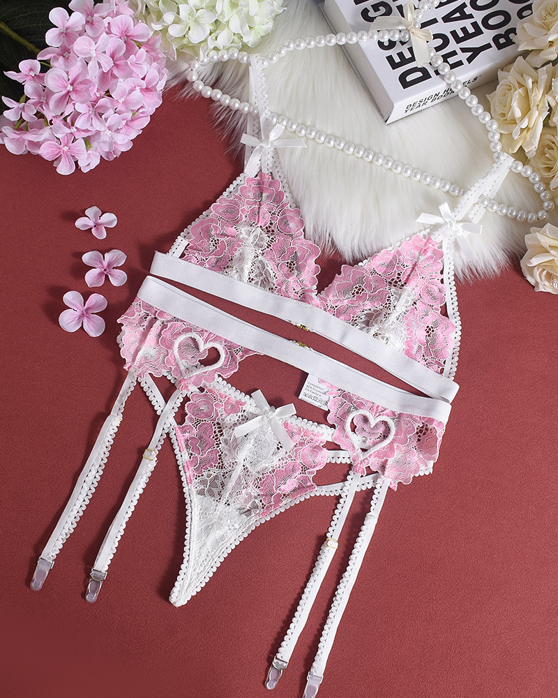 Sexy Embroidered Lace Heart Cut-Out Lingerie Set