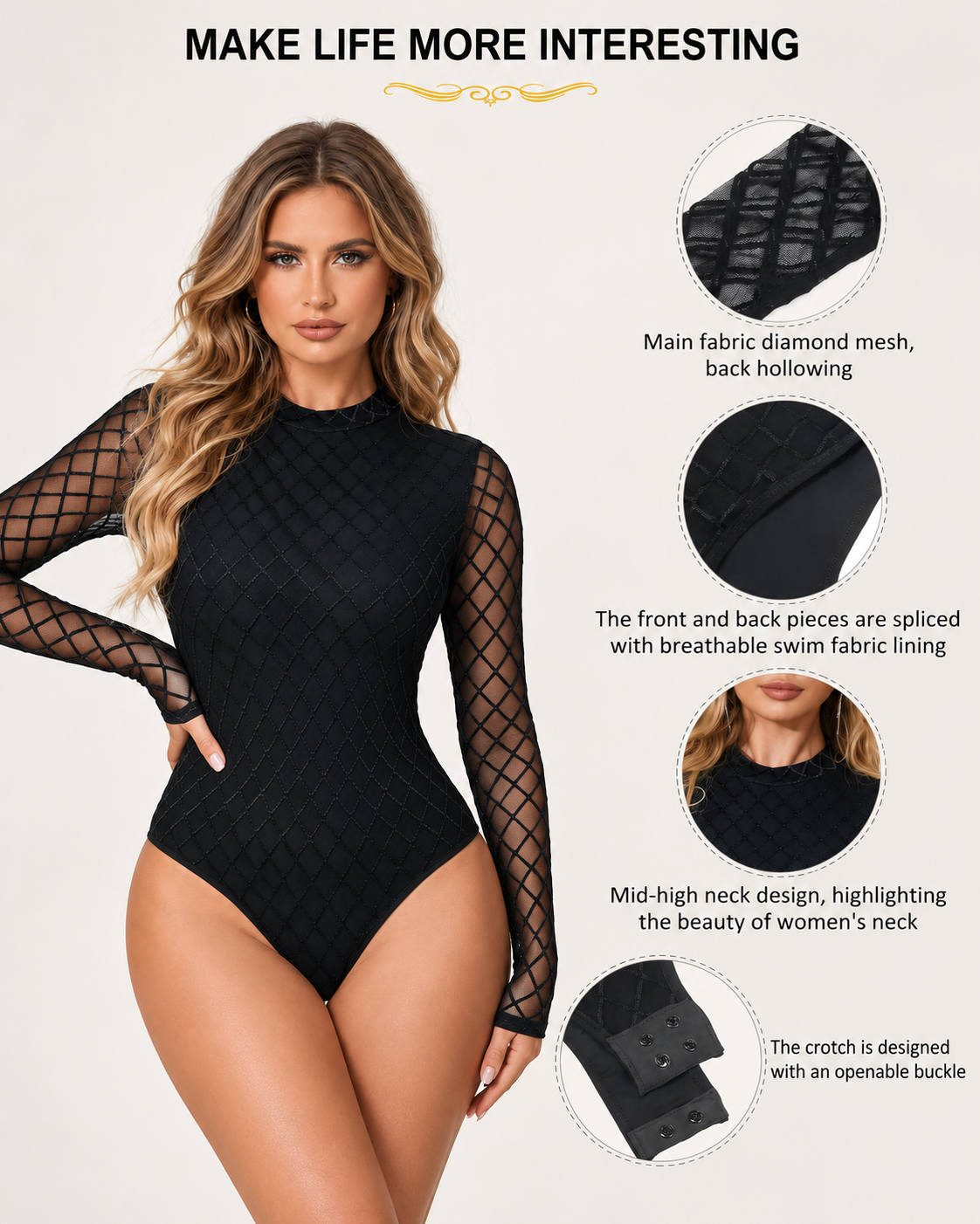 Sexy See-Through Mesh Round Neck Long Sleeve Bodysuit