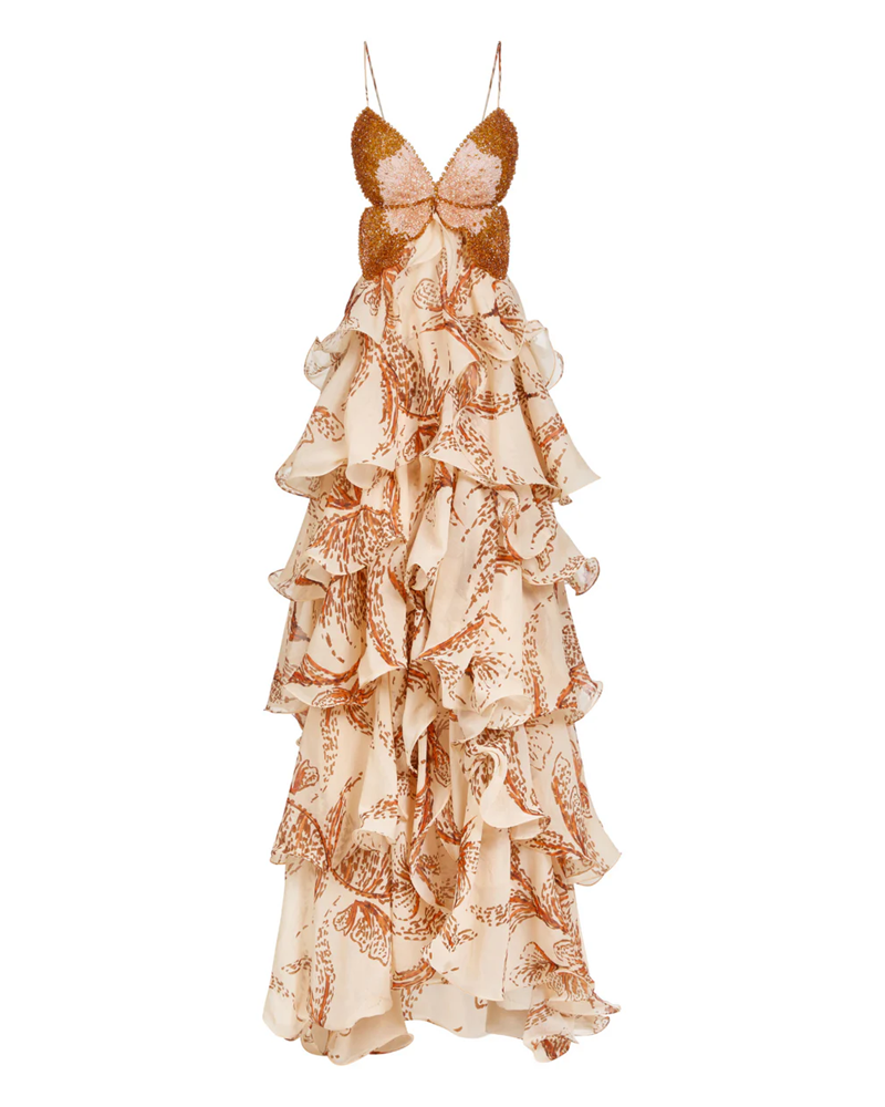 Bohemian Print Ruffle V-Neck Spaghetti Strap Maxi Dress