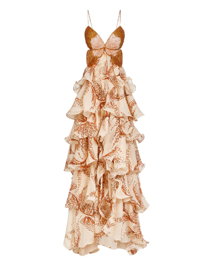 Bohemian Print Ruffle V-Neck Spaghetti Strap Maxi Dress