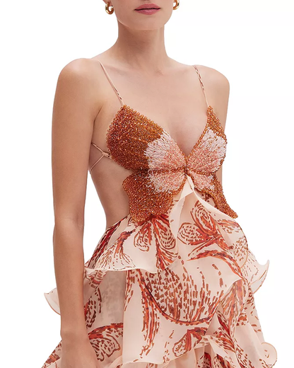 Bohemian Print Ruffle V-Neck Spaghetti Strap Maxi Dress