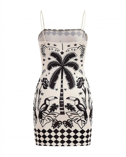 Resort-Style Printed Slim-Fit Fashion Casual Mini Dress