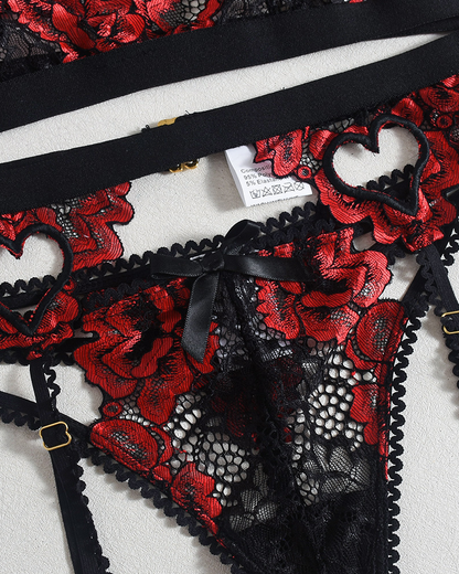 Sexy Embroidered Lace Heart Cut-Out Lingerie Set