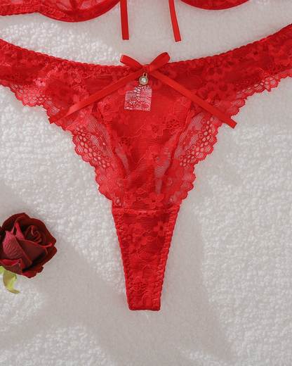 Red Floral Lace Underwire Bra & Panty Set