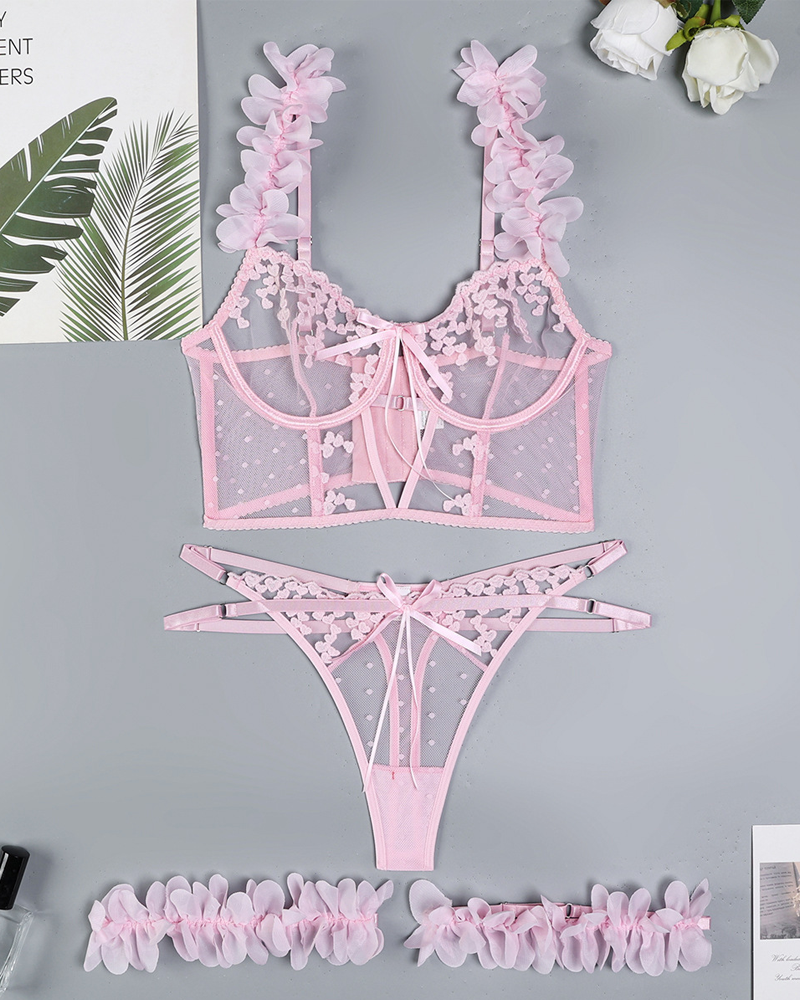 3D Floral Embroidered Lingerie Set with Thigh Garters