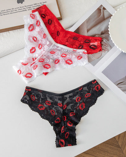 3-Pack Floral Lace Semi-Sheer Low-Rise Briefs Panties with Lip Print