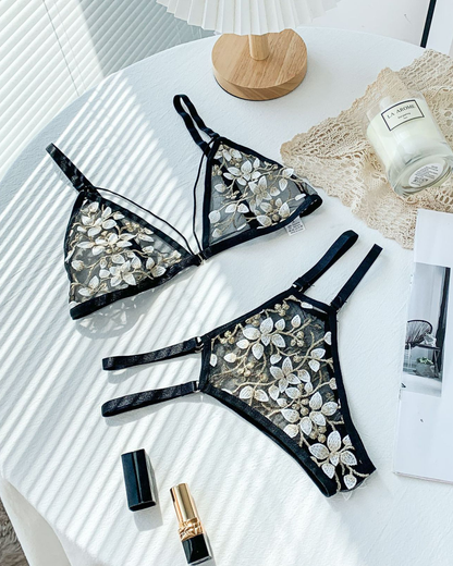 Sexy 3D Floral Embroidery Bra Set