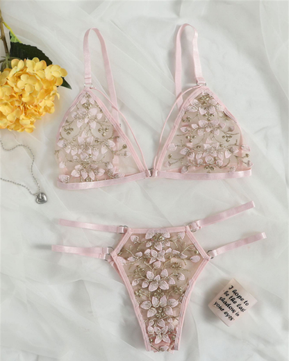 Sexy 3D Floral Embroidery Bra Set