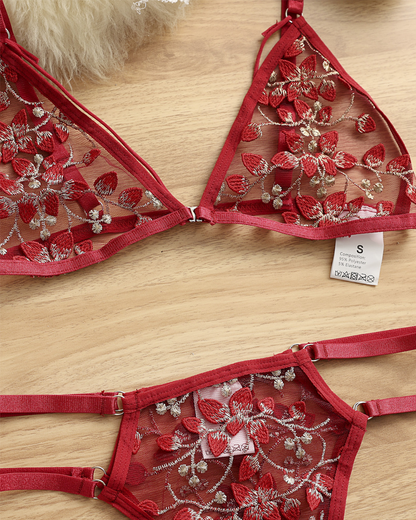 Sexy 3D Floral Embroidery Bra Set
