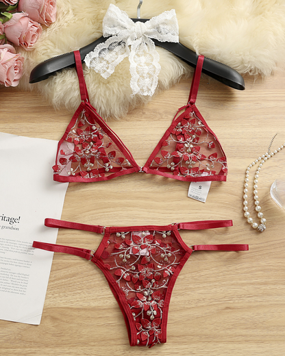 Sexy 3D Floral Embroidery Bra Set