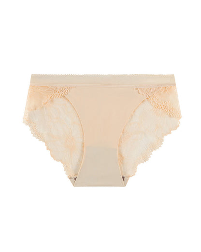 Sexy Mid-Waist Ice Silk Seamless Stitching Hollow Lace Cotton Crotch Breathable Panties