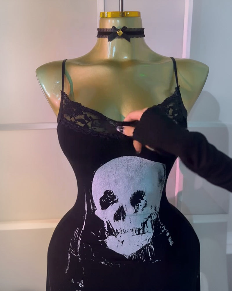 Black Skull Sexy Suspender Lace Dress