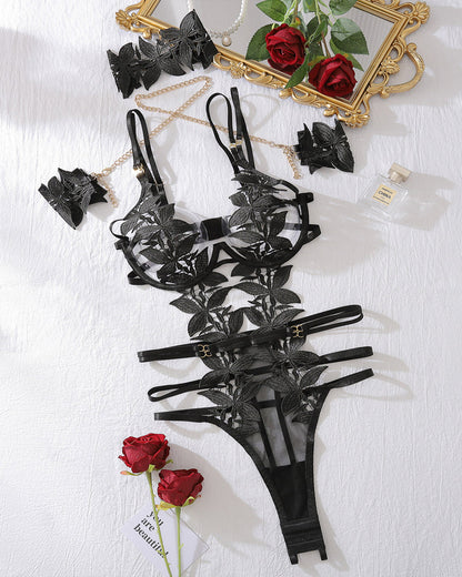 Sexy Floral Embroidery Hollow Heavy Craft Chain Bracelet Shaping Bodysuit Set