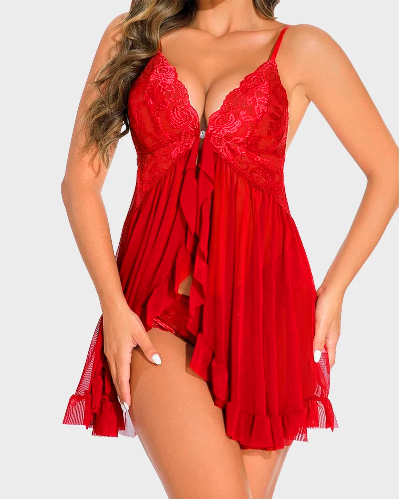 Sexy Lace Mesh See-Through Nightgown with Matching Thong