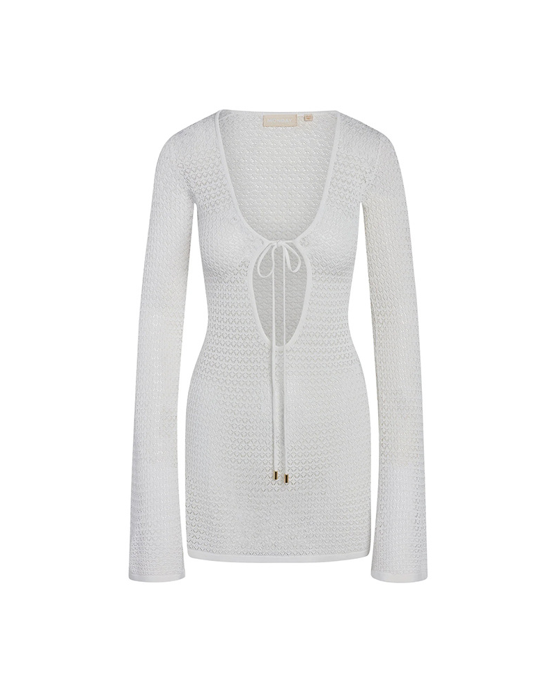 Sexy Long Sleeve Hollow Out Sheer Lace-Up Bikini Cover-Up Beach Dress