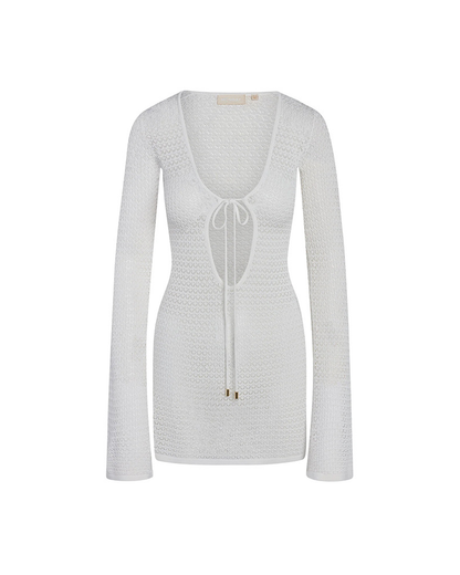 Sexy Long Sleeve Hollow Out Sheer Lace-Up Bikini Cover-Up Beach Dress