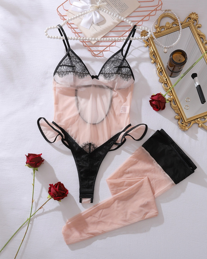 Sheer Lace Ruffle Bodysuit & Thigh-High Stockings Set