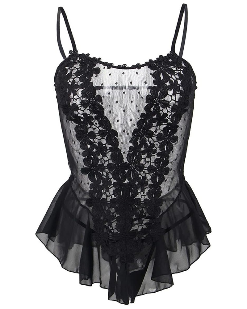 Plus Size Floral Lace Mesh Ruffle Babydoll Lingerie