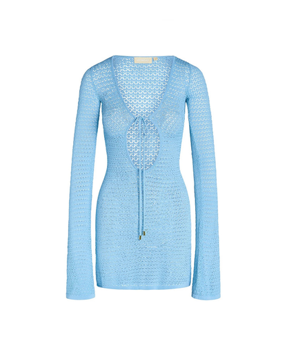 Sexy Long Sleeve Hollow Out Sheer Lace-Up Bikini Cover-Up Beach Dress