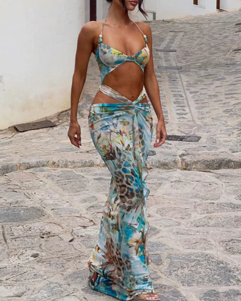 Sexy Summer Printed Backless Cutout Bodycon Swim Dress