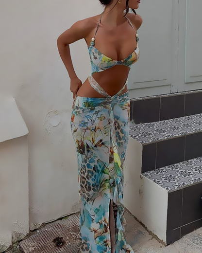 Sexy Summer Printed Backless Cutout Bodycon Swim Dress