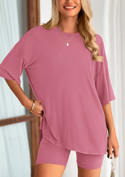 Women's Two-Piece Casual Sports Loose Shirt Cycling Shorts Suit