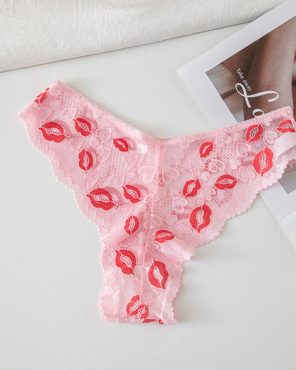 3-Pack Floral Lace Semi-Sheer Low-Rise Briefs Panties with Lip Print