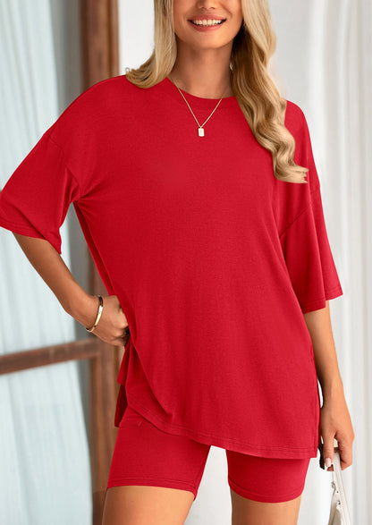Women's Two-Piece Casual Sports Loose Shirt Cycling Shorts Suit