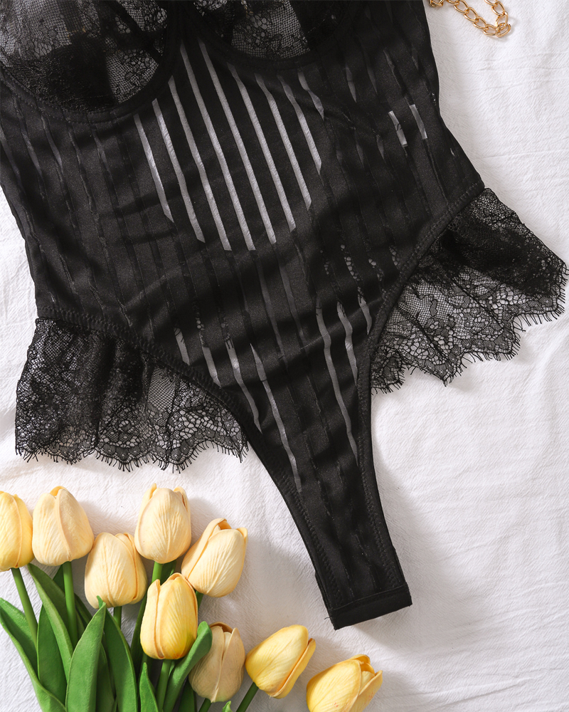 Sexy Lace Patchwork Mesh Feather Bodysuit