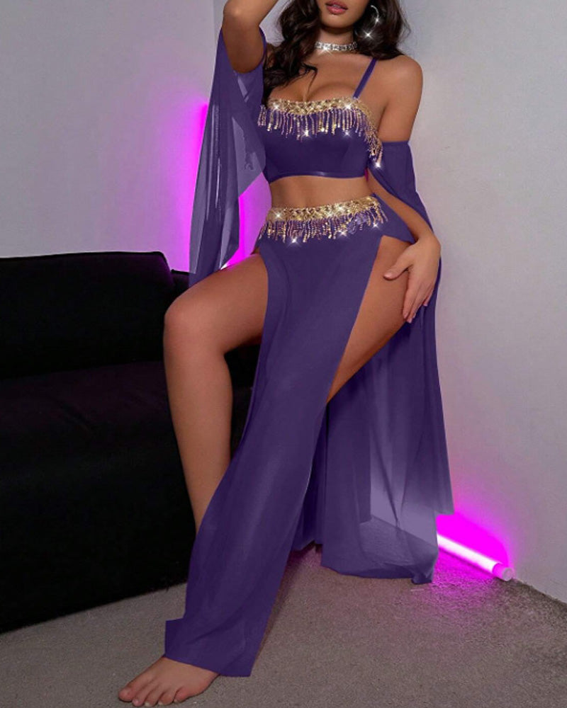 Sexy See-Through Mesh Rhinestone Tassel Embellished Chain Lingerie Set