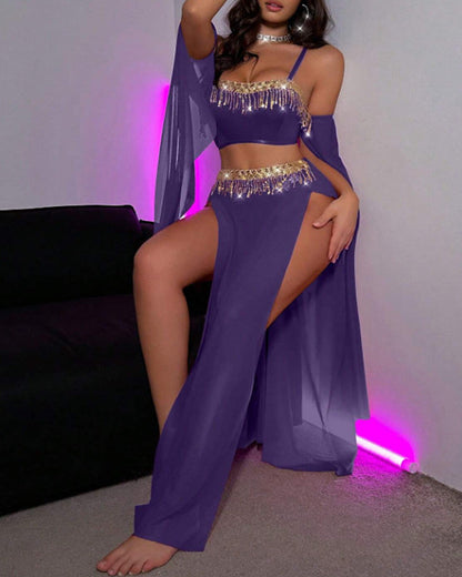 Sexy See-Through Mesh Rhinestone Tassel Embellished Chain Lingerie Set