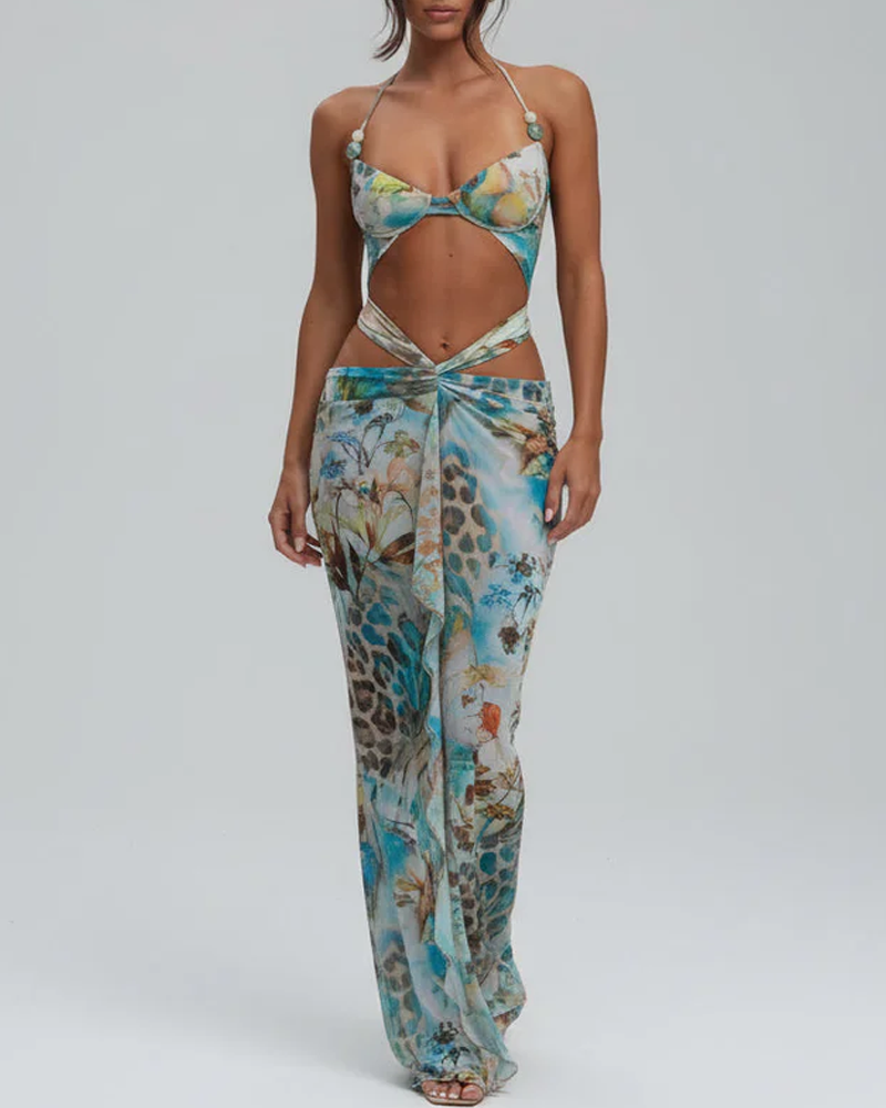 Sexy Summer Printed Backless Cutout Bodycon Swim Dress