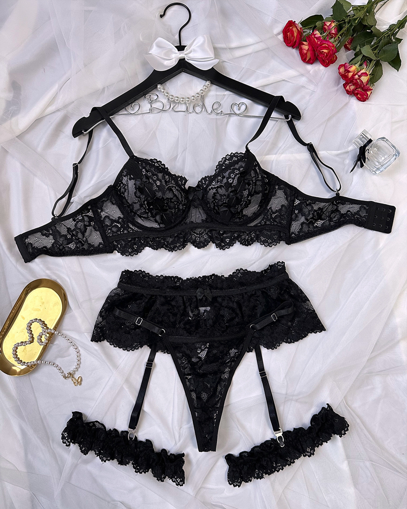 Sheer Lace Lingerie Set with Lace Garter Leg Rings