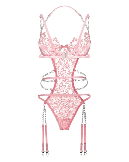 Cut-Out Floral Embroidery Chain Halter Bodysuit