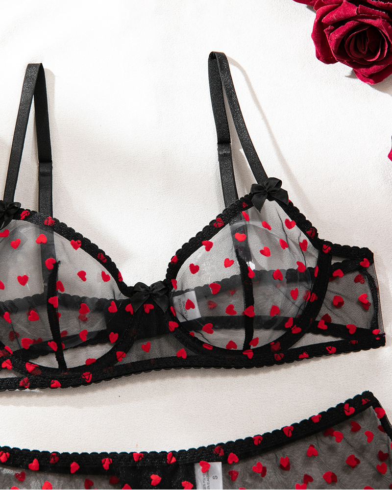 Sexy Heart Flocked Embroidery Sheer Mesh Lingerie Set with Stockings