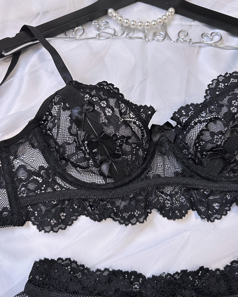 Sheer Lace Lingerie Set with Lace Garter Leg Rings