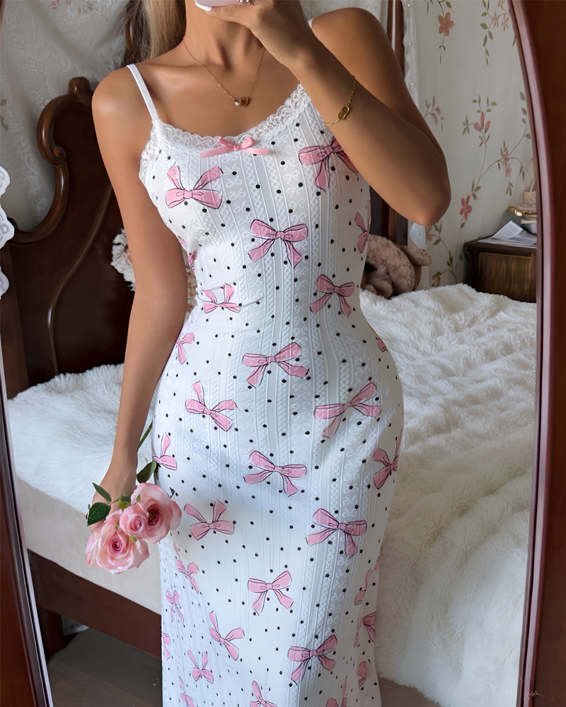 Bow Print Lace Trim Maxi Nightdress with Spaghetti Straps