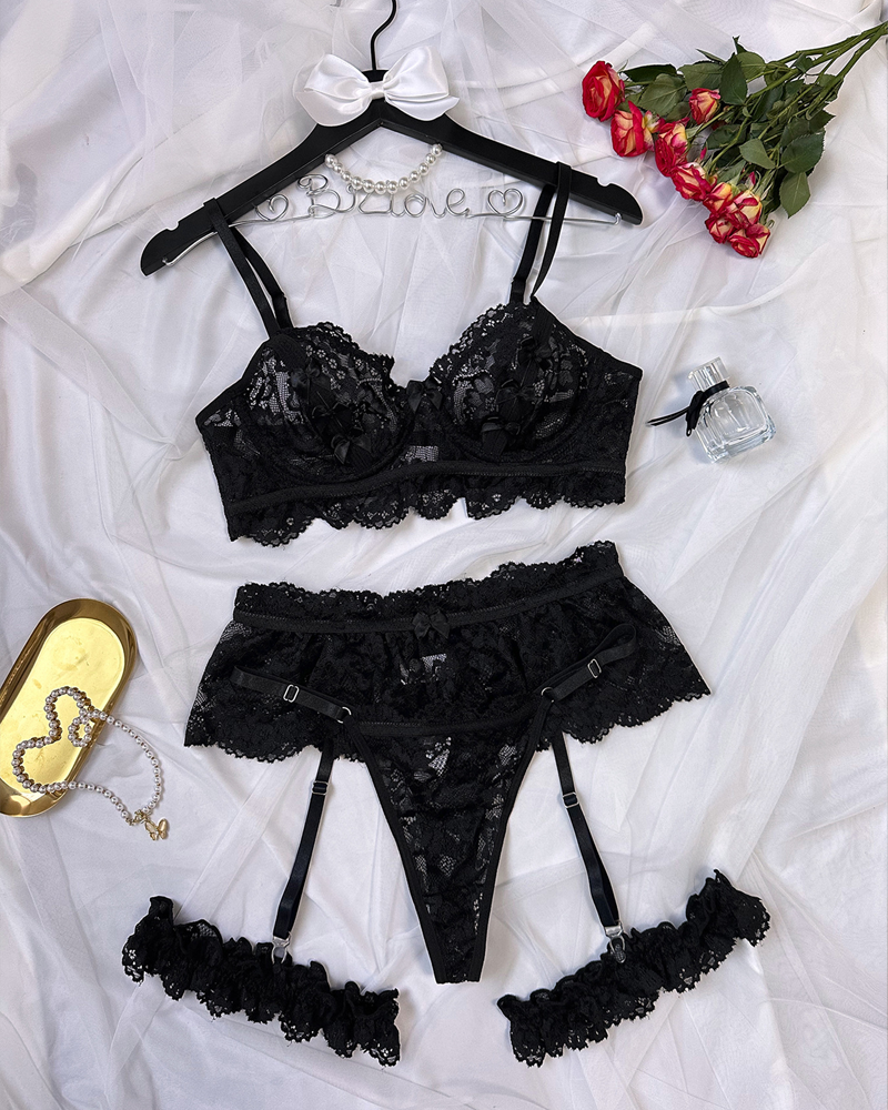 Sheer Lace Lingerie Set with Lace Garter Leg Rings