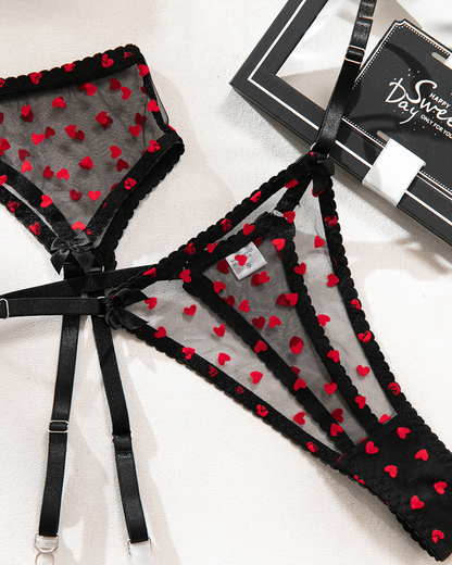 Sexy Heart Flocked Embroidery Sheer Mesh Lingerie Set with Stockings