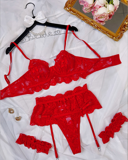 Sheer Lace Lingerie Set with Lace Garter Leg Rings