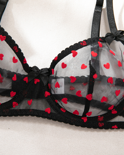 Sexy Heart Flocked Embroidery Sheer Mesh Lingerie Set with Stockings