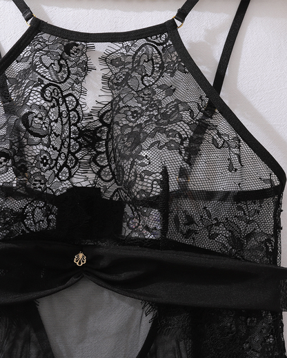 Sexy Eyelash Lace Cutout Sheer Mesh Nightgown with G-String