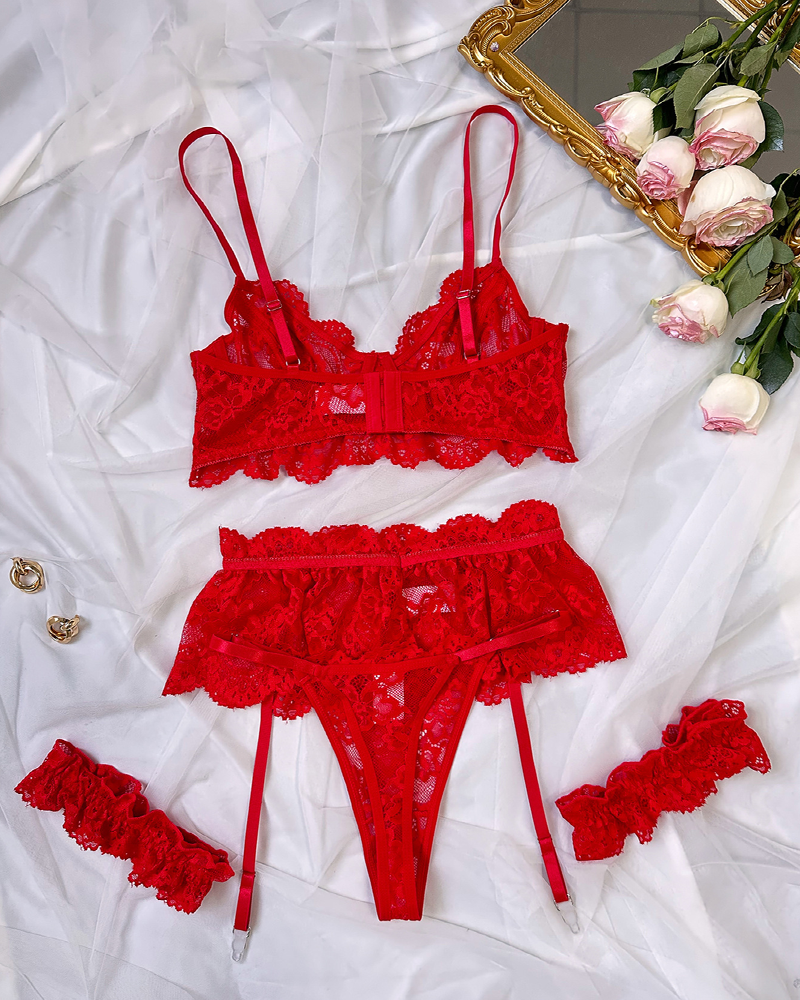 Sheer Lace Lingerie Set with Lace Garter Leg Rings