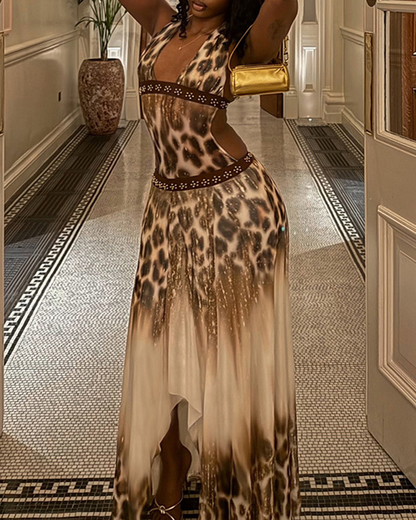 Sexy Halter Leopard Patchwork Backless Beaded Maxi Dress
