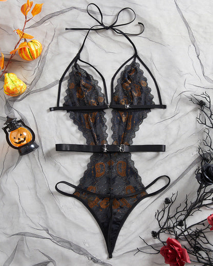 Halloween Sexy Halter-Neck Backless Pumpkin Skull Print Bodysuit Lingerie