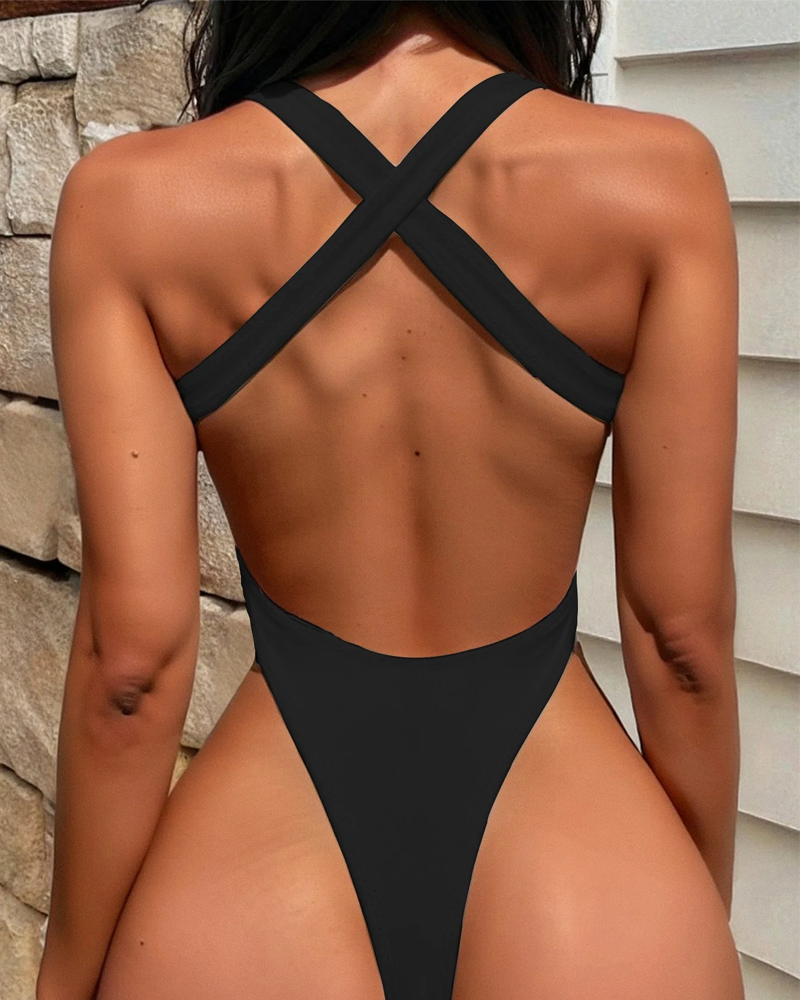 Sexy Lace-up Backless Solid Color One-Piece Bikini